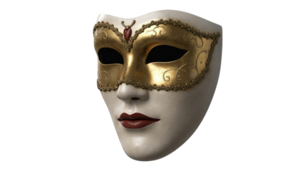 An elegant Venetian carnival mask with a white base, ornate gold accents, a red gem, and dark red lips, exuding mystery. background removed