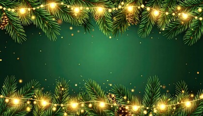 Festive Christmas Garland with Warm Lights and Pine Cones Background.