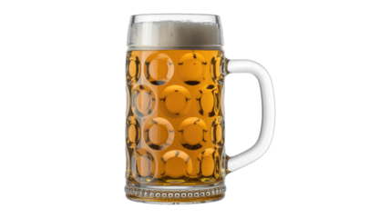 A refreshing golden beer in a traditional dimpled glass Masskrug with a frothy head, isolated for design use. background removed
