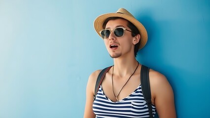 vacationer. A relaxed vacationer in nautical attire against a blue wall, looking surprised. tourism brochures, itinerary planners, designed for hospitality marketing for hotel rooms and spa retreats.
