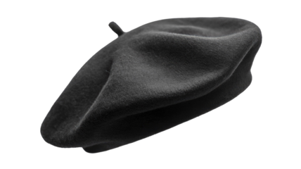 A classic black wool felt beret, elegantly styled, featuring its distinctive flat crown and small top stalk on a solid transparent background. background removed