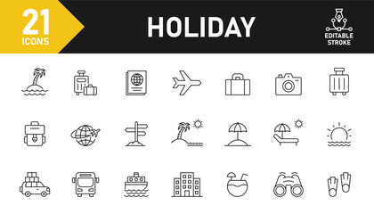 Holiday line icon set. Set of 21 outline icons related to holiday, vacation, travel, tourism, beach, tourist transportation, bags, suitcases and others. Editable stroke. Vector illustration.