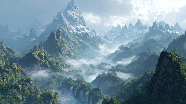 An awe-inspiring landscape featuring misty mountains, waterfalls, and lush greenery. The scene evokes a sense of serenity and grandeur