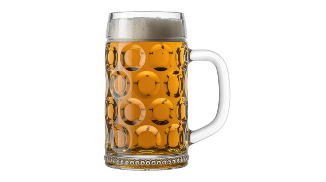 A refreshing golden beer in a traditional dimpled glass Masskrug with a frothy head, isolated for design use. background removed