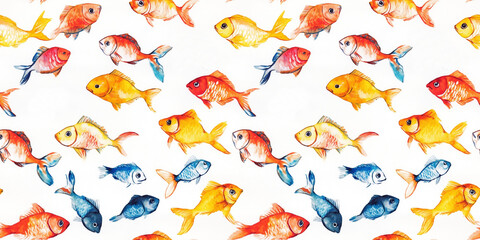 Watercolor fish on white fabric, seamless pattern