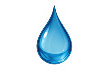 Blue water drop representing purity and freshness. Transparent liquid element ideal for concepts of hydration and health