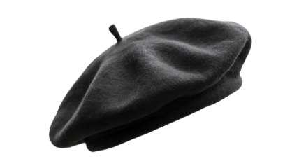 A stylish black wool beret, a classic French-inspired headwear, featuring a subtle top detail, captured against a vibrant transparent background. background removed
