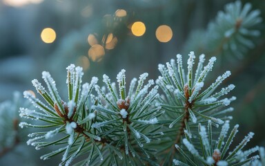 Frosted Evergreen Branches with Winter Glow on Green Backdrop