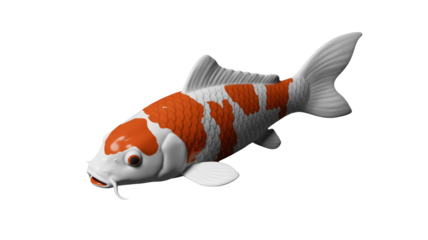 A beautifully rendered 3D white and orange koi fish, showcasing intricate scales and graceful fins, set against a solid transparent background. background removed
