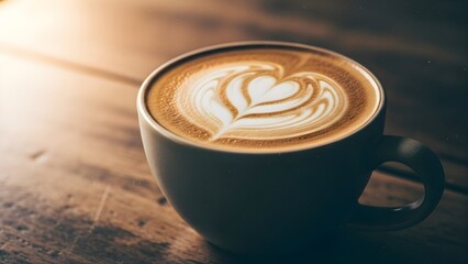Hot latte coffee with milk foam art in ceramic cup on wooden table