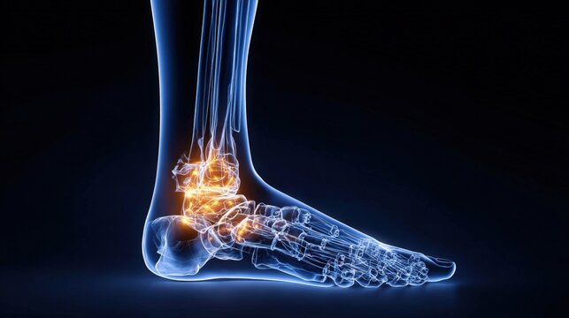 Transparent foot bone ankle joint highlighted medical x-ray style glowing effect dark background healthcare anatomy pain concept.