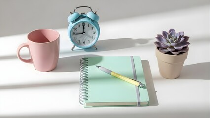 Cute pastel stationery flat lay with alarm clock and notebook