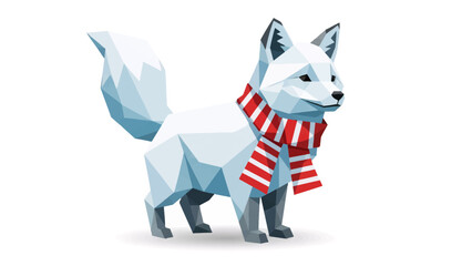 Charming low poly arctic fox wearing a cozy red striped scarf - perfect for holiday illustrations, winter promotions, or adorable animal designs