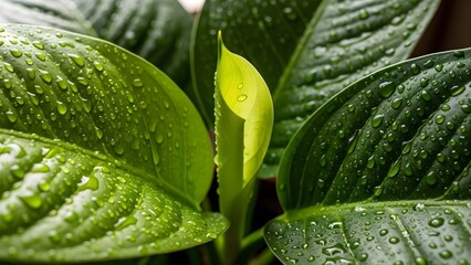 Green leaf macro closeup nature texture with water drops