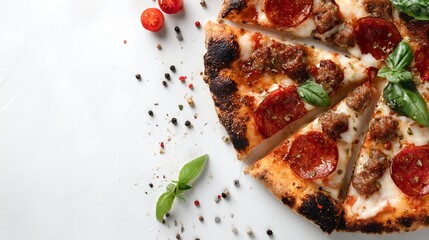 Top view of sliced pepperoni pizza with basil leaves and tomatoes on white surface. Concept for restaurant menu, food photography and recipe blog