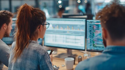 Back view of financial analyst viewing graphs on computer with colleagues. Concept for stock market analysis, business intelligence and investment strategy
