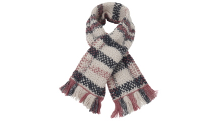 A cozy knitted winter scarf featuring stripes in cream, dark grey, and rose, with fringes. Perfect for cold weather fashion. background removed