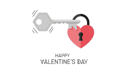 Obraz premium Heart shaped lock with key and happy valentines day text on white background
