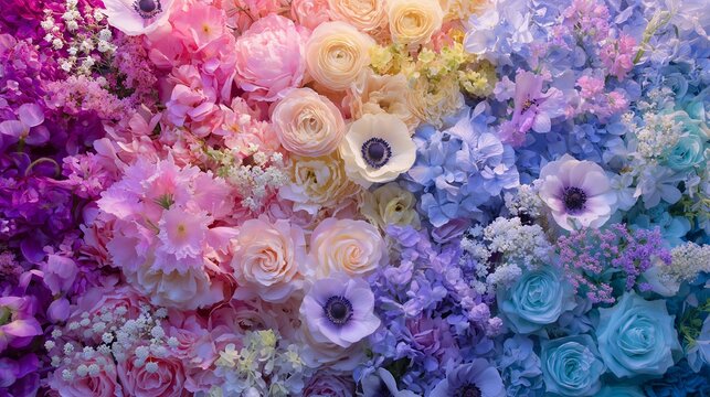 Close-up shot of colorful floral arrangement featuring roses, anemones and hydrangeas, concept for wedding invitation, celebration background and romantic greeting card