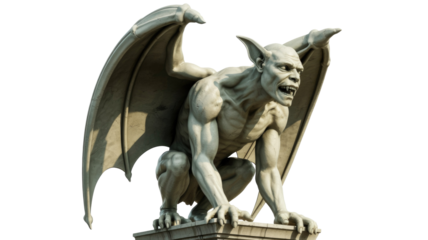 A detailed stone gargoyle with menacing wings and sharp teeth, perched on a structure. Its powerful, ancient form is carved with intricate detail. background removed