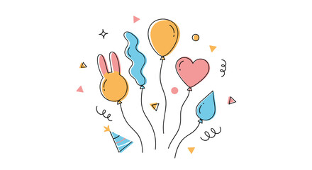 Whimsical hand-drawn doodle of colorful party balloons including a rabbit and heart shape with confetti and a party hat.