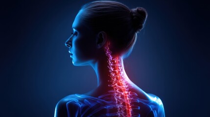 Woman with illuminated spinal cord and shoulder anatomy highlighting neck and upper back structure.