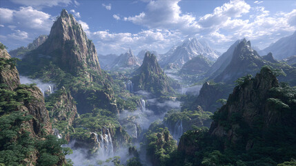 Majestic mountain landscape with lush valleys and waterfalls under a cloudy sky