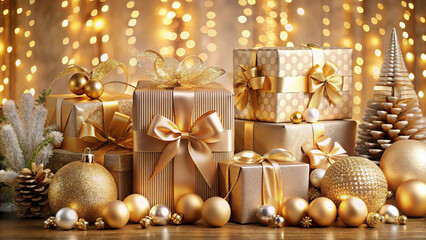 Elegant Gold Christmas Gifts & Ornaments Background