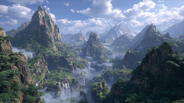 Majestic mountain landscape with lush valleys and waterfalls under a cloudy sky