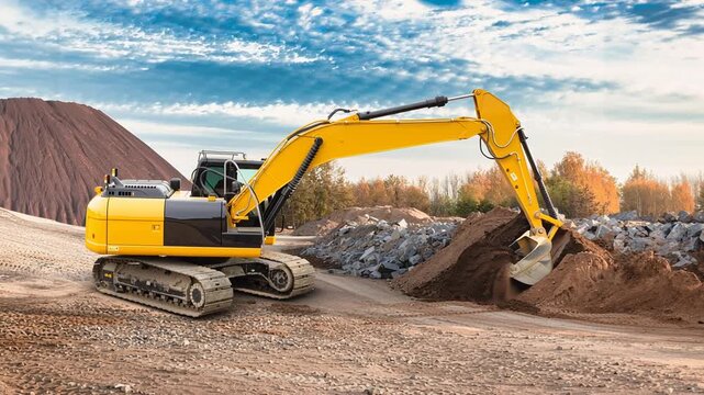 Excavator digs and moves dirt at a construction site in a hilly area. The bright sky adds to the activity, showing the machinery in action on a sunny day.