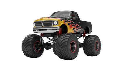 A powerful custom black and yellow monster truck with fiery flames and massive wheels, ready for off-road action on a transparent background. background removed