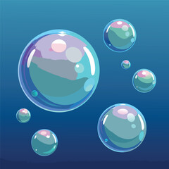 Colorful floating soap bubbles on a smooth blue gradient background.