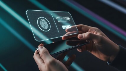 Hands Holding Smartphone with Holographic Security Interface and Fingerprint Scan