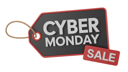 A 3D rendered black price tag with "CYBER MONDAY" in white letters, featuring an additional red "SALE" banner, perfect for promotions. background removed