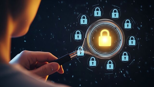 Magnifying Glass Inspecting Digital Padlocks in a Network security technology
