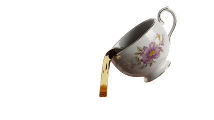 A white teacup with purple floral designs levitates, pouring golden-brown liquid mid-air. Elegant drinkware for tea or coffee, isolated on green. background removed