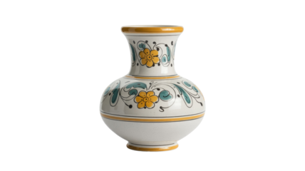 An elegant ceramic vase with a white glaze, decorated with vibrant yellow flowers, teal leaves, and black outlines, featuring warm yellow trim. background removed