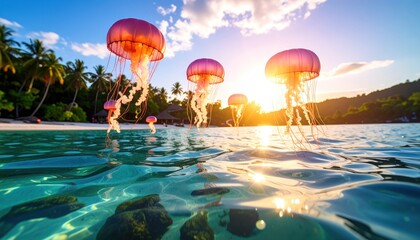 Glowing Jellyfish Swimming in Tropical Ocean at Sunset.