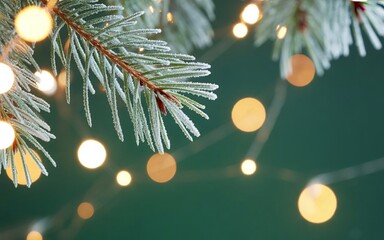 Frosted Evergreen Branches with Winter Glow on Green Backdrop