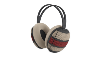 Stylish knitted earmuffs with red, beige, and gray stripes, featuring a dark headband and soft ear pads for warmth. background removed