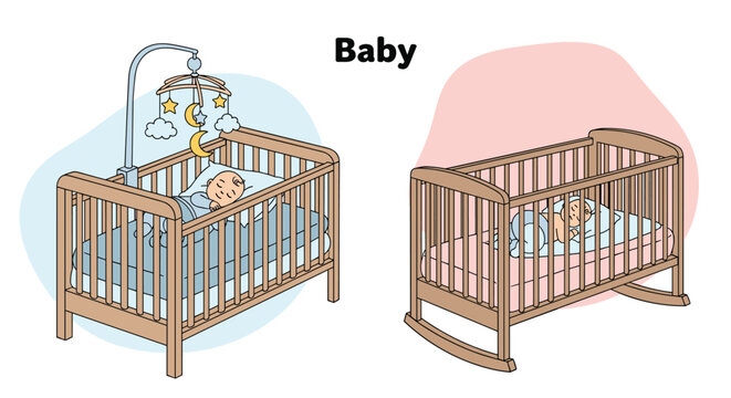 Simple cartoon illustration of two babies sleeping in different wooden cribs one a standard cot and one a rocking cradle.