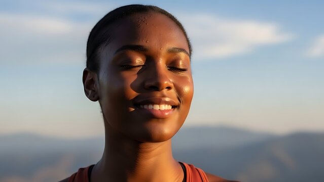 Close up of a young black woman with eyes closed and a gentle smile bathed in warm golden hour sunlight conveying peace and serenity against a soft blurred natural background - Powered by Adobe