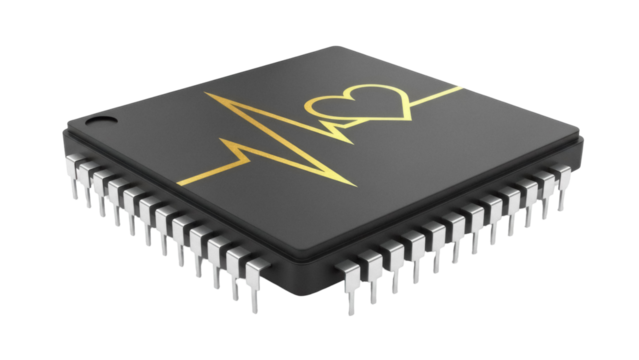 Black microchip with golden heartbeat line isolated PNG, modern technology component for medical devices and healthcare applications