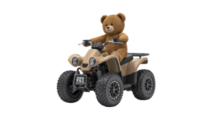 A cute brown teddy bear joyfully rides a beige ATV with large tires, ready for an adventure on its all-terrain vehicle. background removed