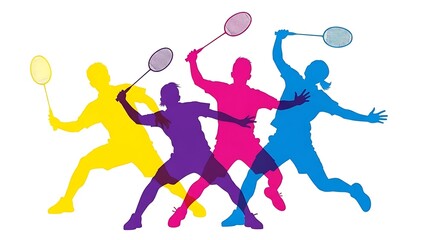 Dynamic colorful silhouettes of badminton players in action showcasing athletic movement and competitive spirit during a lively game of shuttlecock sport