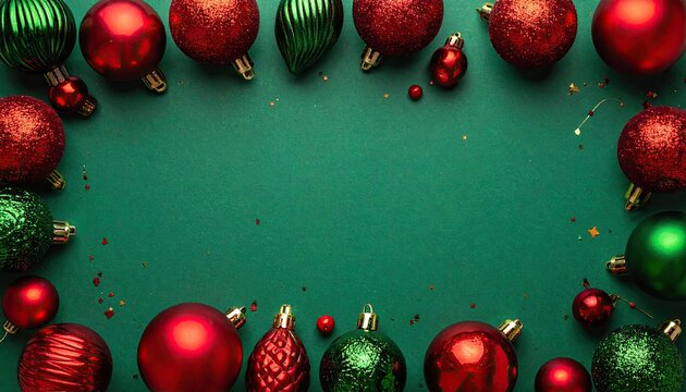 Festive Christmas ornaments red and green border on dark green background with confetti.