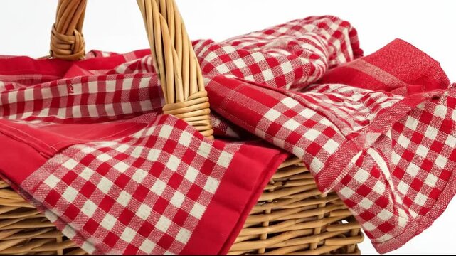 Wicker picnic basket with red gingham cloth and cozy blanket.