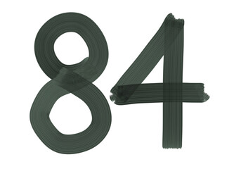 Number Eighty-four, 84 made with Plaster Rake Brush on transparent background, Digit, Black color, Dark-green color, isolated background, Illustration, Typography, Handmade, Set 0-100
