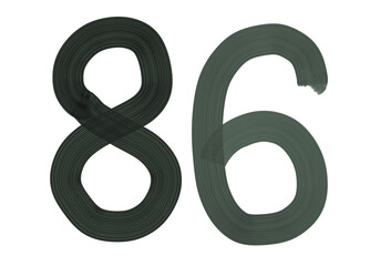 Number Eighty-six, 86 made with Plaster Rake Brush on transparent background, Digit, Black color, Dark-green color, isolated background, Illustration, Typography, Handmade, Set 0-100
