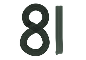 Number Eighty-one, 81 made with Plaster Rake Brush on transparent background, Digit, Black color, Dark-green color, isolated background, Illustration, Typography, Handmade, Set 0-100